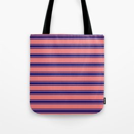 [ Thumbnail: Light Coral and Midnight Blue Colored Striped/Lined Pattern Tote Bag ]