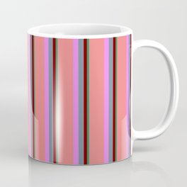 [ Thumbnail: Vibrant Sea Green, Maroon, Light Slate Gray, Violet & Light Coral Colored Stripes Pattern Coffee Mug ]