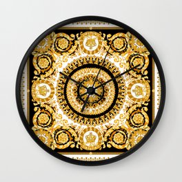 Vintage baroque illustration pattern, antique elements with golden frame on black background. Luxury victorian floral golden elements in a circle and greek lines. Wall Clock