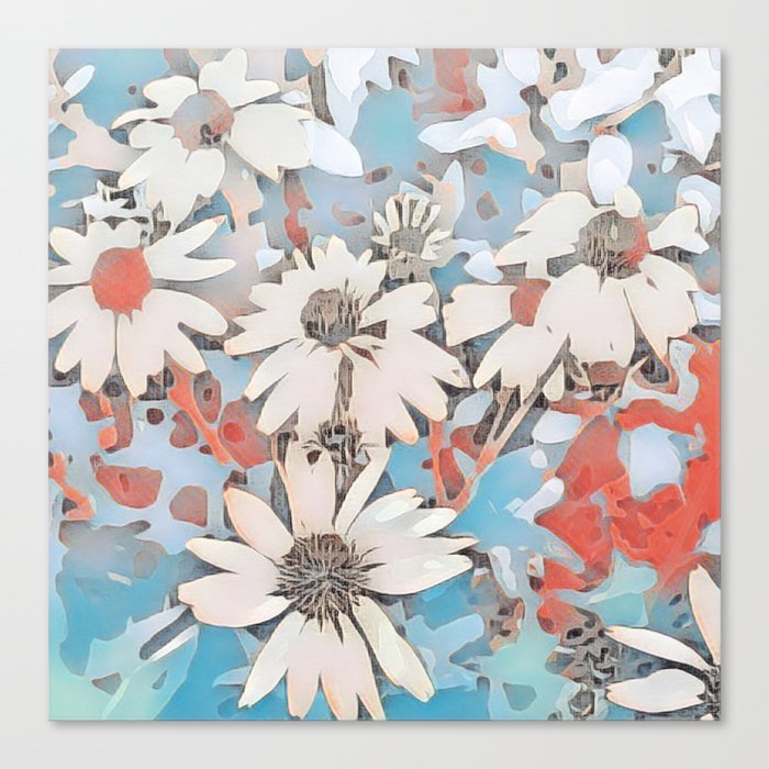 Abstract White Daisies Landscape on Sky Blue Canvas Print