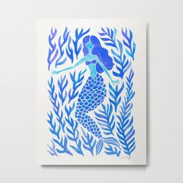 Kelp Forest Mermaid – Blue Palette Metal Print | Water, Kelp, Classicblue, Summer, Watercolor, Catcoq, Blue, Ocean, Mythical, Kelpforest 