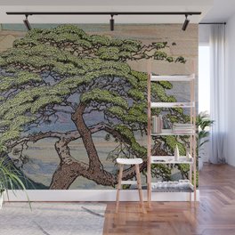 The Downwards Climbing - Summer Tree & Mountain Ukiyoe Nature Landscape in Green Wall Mural | Nature, Digital, Mountain, Vintage, Curated, Tree, Painting, Asian, Landscape, Popular 