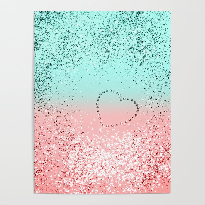 Summer Vibes Glitter Heart #1 (Faux Glitter) #coral #mint #shiny #decor #art #society6 Poster
