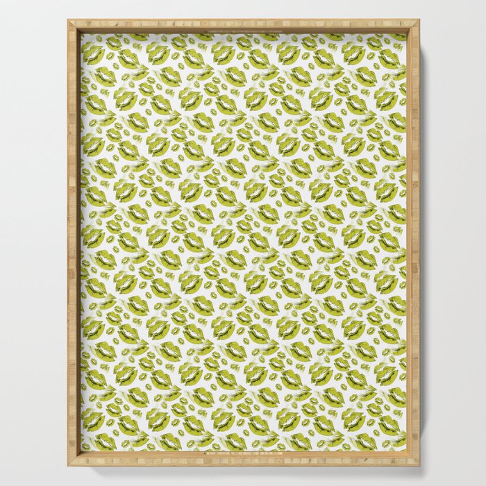 Two Kisses Collided Olive Green Lips Pattern On White Background Serving Tray