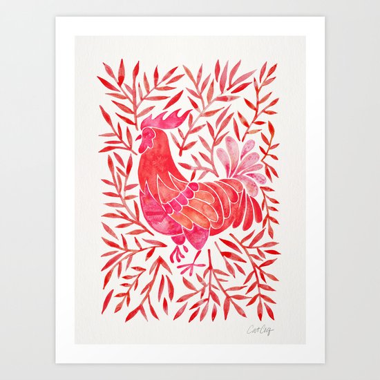 Le Coq – Watercolor Rooster with Red Leaves Art Print