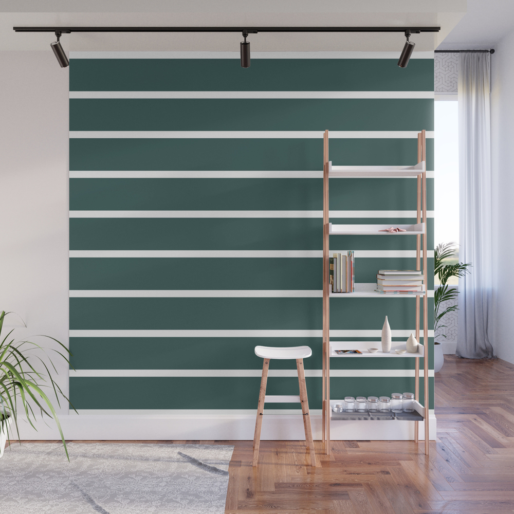 Horizontal Lines (White & Jungle Green Pattern) Wall Mural by luxelab