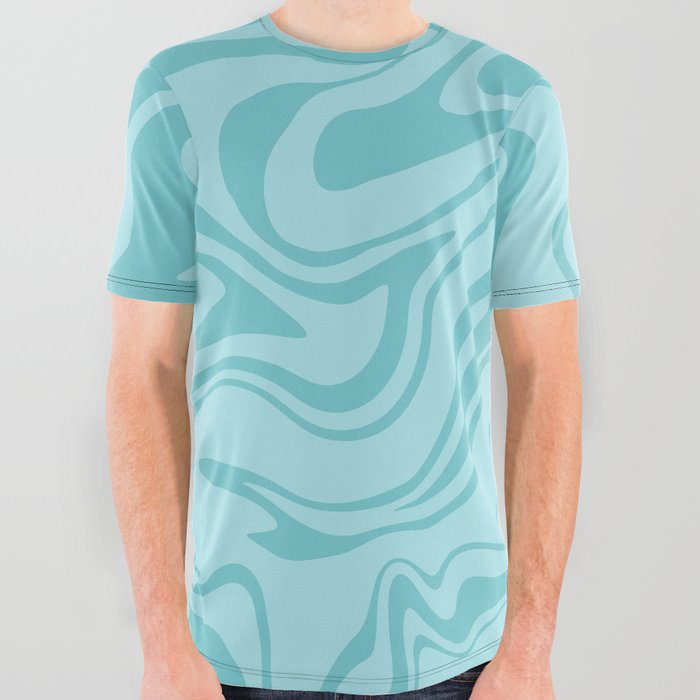 Abstract Modern Melting Ocean, Liquid Sea Waves Swirl, Marbled Pattern in Light Pastel Aqua Blue All Over Graphic Tee