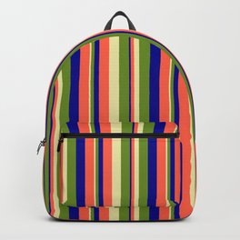 [ Thumbnail: Pale Goldenrod, Green, Dark Blue & Red Colored Stripes/Lines Pattern Backpack ]