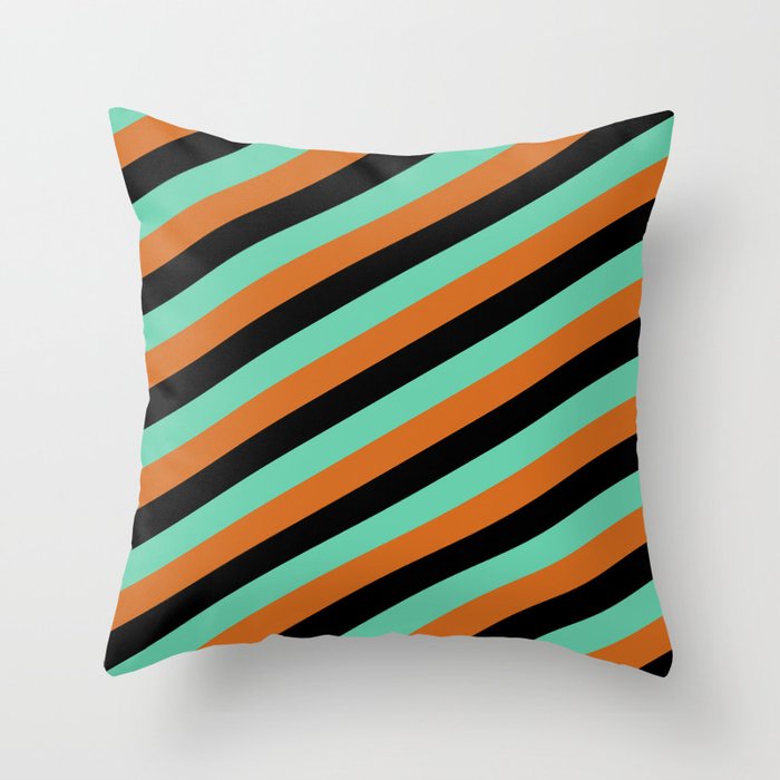 Black, Aquamarine, and Chocolate Colored Pattern of Stripes Throw Pillow