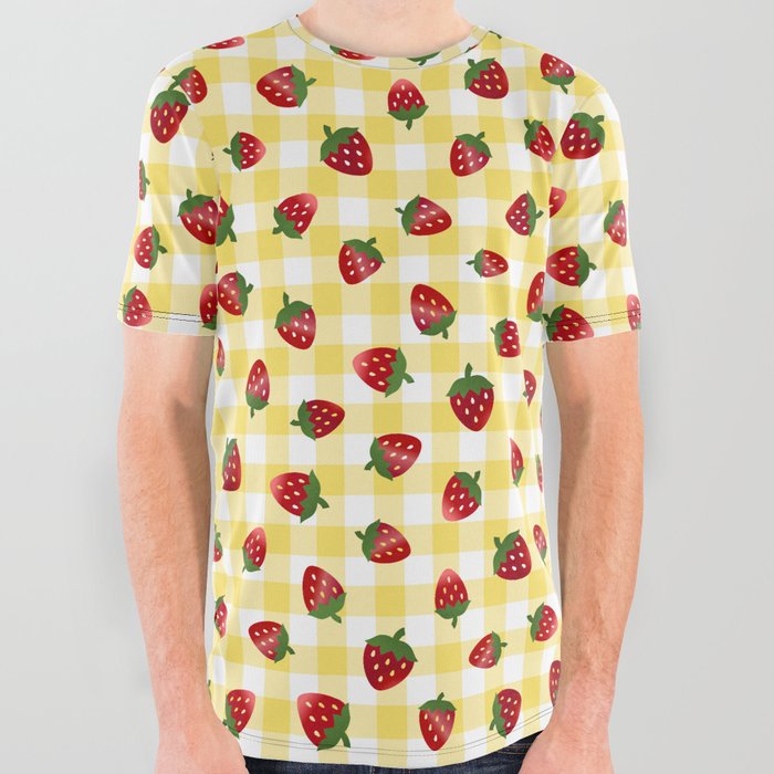 Strawberries All Over - yellow check All Over Graphic Tee
