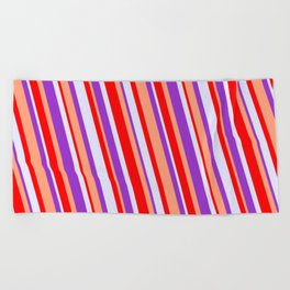 [ Thumbnail: Red, Lavender, Dark Orchid & Light Salmon Colored Pattern of Stripes Beach Towel ]