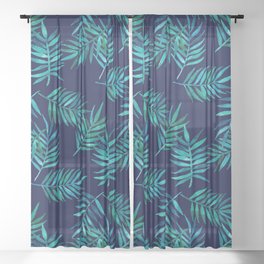 Watercolor Palm Leaves on Navy Sheer Curtain