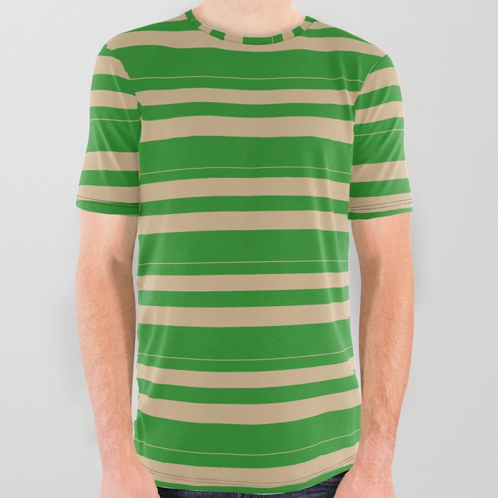 Tan & Forest Green Colored Lines Pattern All Over Graphic Tee