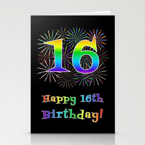 16th Birthday - Fun Rainbow Spectrum Gradient Pattern Text, Bursting Fireworks Inspired Background Stationery Cards