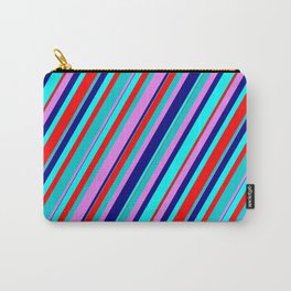 [ Thumbnail: Colorful Aqua, Red, Dark Turquoise, Violet, and Blue Colored Lined Pattern Carry-All Pouch ]