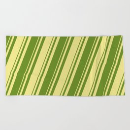 [ Thumbnail: Tan & Green Colored Lines Pattern Beach Towel ]