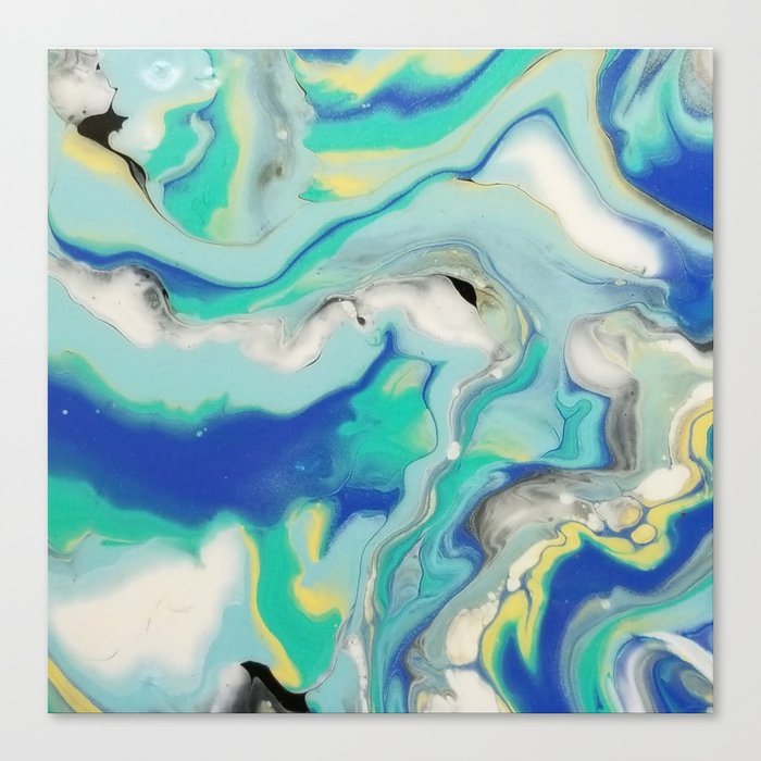 Blue Yellow Marble Ocean Minimalist Pour Painting Canvas Print