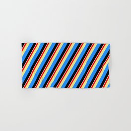 [ Thumbnail: Colorful Red, Tan, Blue, Black & White Colored Lined/Striped Pattern Hand & Bath Towel ]