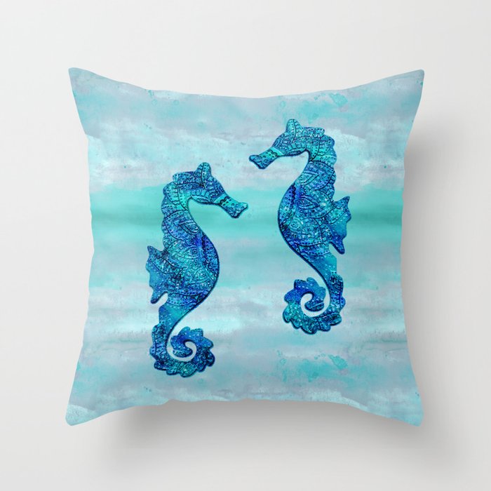 Blue Seahorse Couple Underwater Throw Pillow