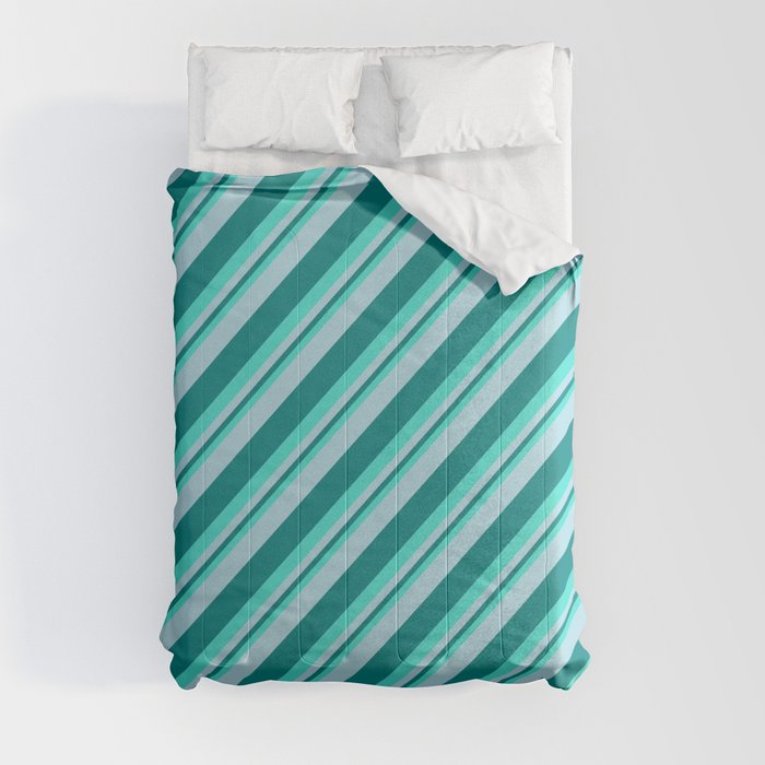 Turquoise, Light Blue & Teal Colored Lined Pattern Comforter