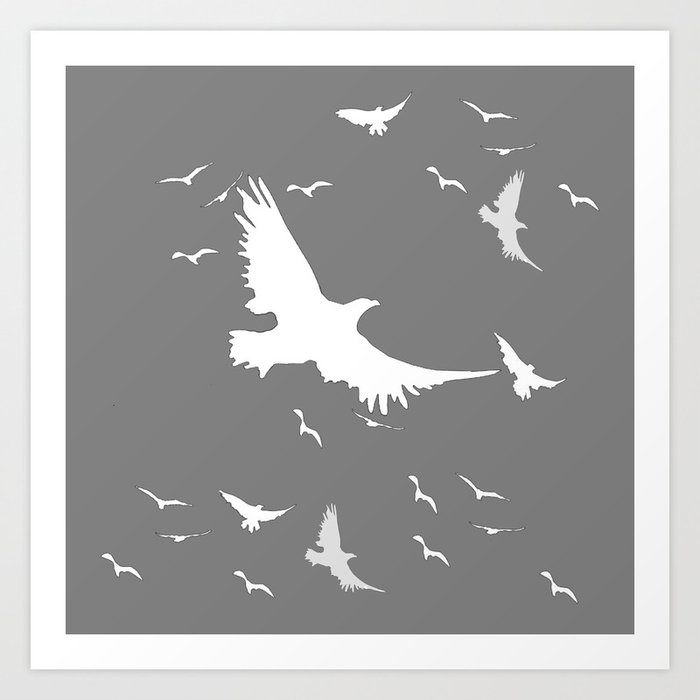 White Birds In Flight Grey Abstract Modern Art Art Print By