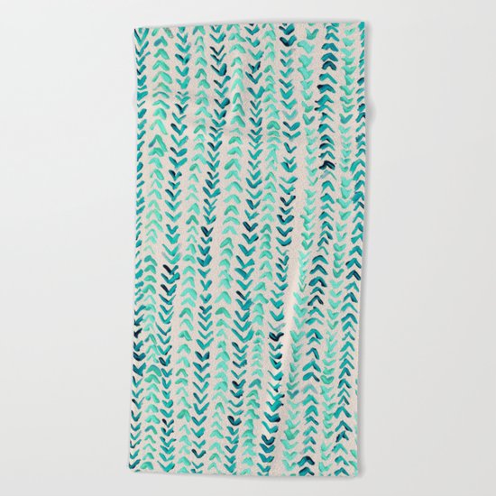 Hand Painted Herringbone Pattern in Mint Beach Towel