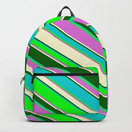 [ Thumbnail: Vibrant Dark Turquoise, Lime, Orchid, Light Yellow, and Dark Green Colored Stripes Pattern Backpack ]
