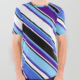 [ Thumbnail: Eyecatching Light Sky Blue, Royal Blue, Indigo, White & Black Colored Lines/Stripes Pattern All Over Graphic Tee ]