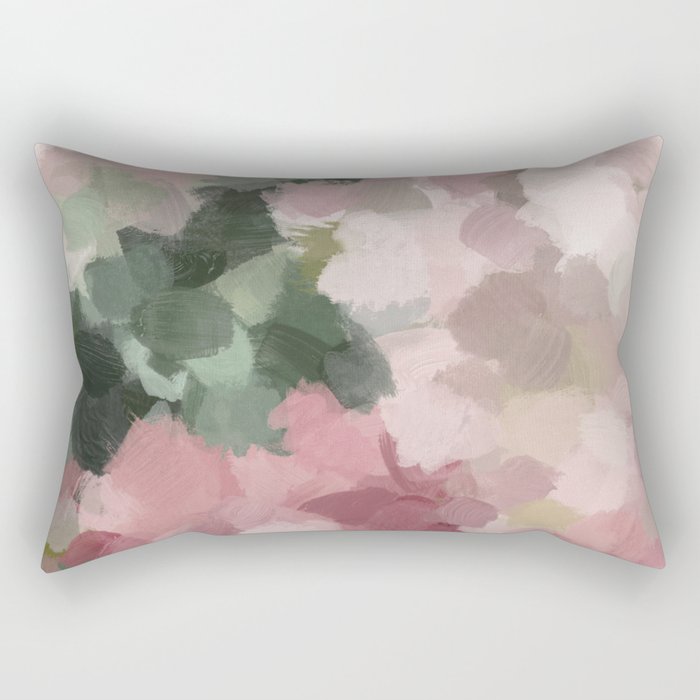 Blurry Bouquet - Forest Green Fuchsia Blush Dark Pink Abstract Flower Nature Painting Art Print Rectangular Pillow