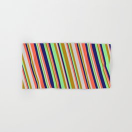[ Thumbnail: Midnight Blue, Red, Light Grey, Dark Goldenrod & Light Green Colored Lined/Striped Pattern Hand & Bath Towel ]