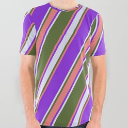 [ Thumbnail: Dark Olive Green, Light Coral, Purple & Lavender Colored Stripes/Lines Pattern All Over Graphic Tee ]