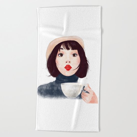 French woman with coffee Beach Towel