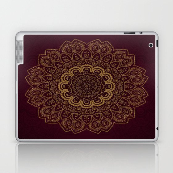 Gold Mandala on Royal Red Background Laptop & iPad Skin