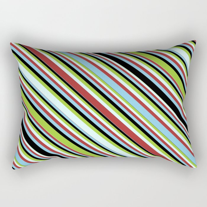 Green, Light Cyan, Brown, Sky Blue & Black Colored Striped Pattern Rectangular Pillow