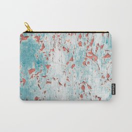 Old grungy cracked distressed white and orange and teal weathered wall paint peeling off rusted metal sheet Carry-All Pouch