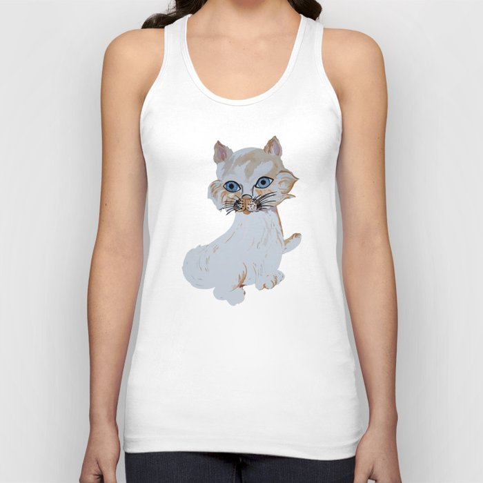 Cute white cottage kitty in the blooming garden with milk bowl and red butterfly  Tank Top