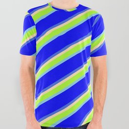 [ Thumbnail: Beige, Light Green, Sky Blue, Blue & Royal Blue Colored Pattern of Stripes All Over Graphic Tee ]