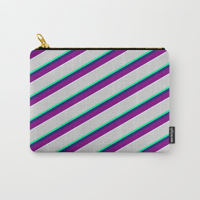 Vibrant Light Gray, Green, Midnight Blue, Purple & Light Cyan Colored Striped/Lined Pattern Carry-All Pouch