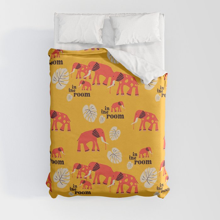 Elephant in the room: Retro font and art in bright red and yellow (with bonus monstera leaf) Duvet Cover