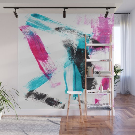 Modern Hand Painted Pink Turquoise Black Brushstrokes Acrylic Paint Wall Mural By Girly Trend Audrey Chenal Society6 - Can I Use Acrylic Paint On A Wall Mural