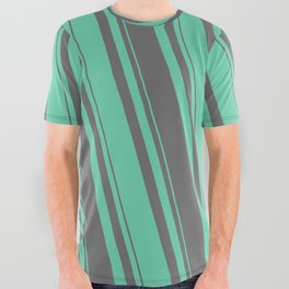 [ Thumbnail: Dim Gray & Aquamarine Colored Lined/Striped Pattern All Over Graphic Tee ]