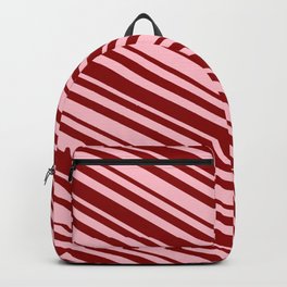 [ Thumbnail: Pink & Dark Red Colored Striped/Lined Pattern Backpack ]