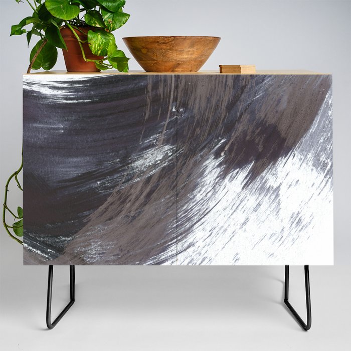 Gestural Brush Strokes Painting in Navy Blue and Grey Credenza