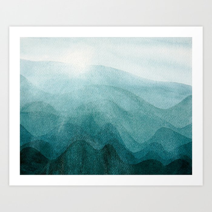Sunrise in the mountains, dawn, teal, abstract watercolor Art Print