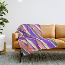 [ Thumbnail: Purple, Sea Green, Light Coral, and Bisque Colored Lined/Striped Pattern Throw Blanket ]