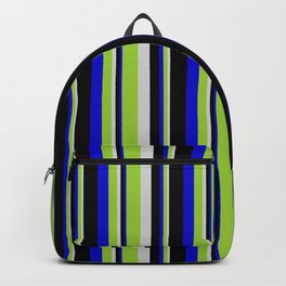 [ Thumbnail: Light Grey, Green, Blue & Black Colored Lined Pattern Backpack ]