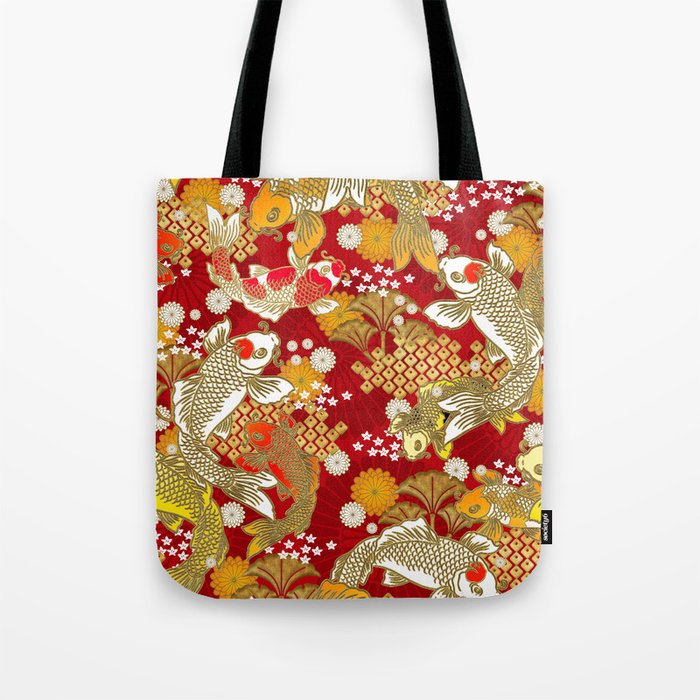 Beautiful Japanese Koi pattern on Deep Red Tote Bag