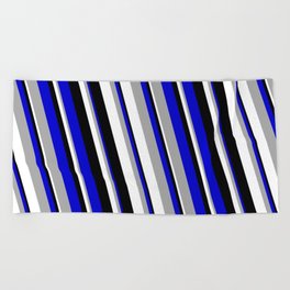 [ Thumbnail: Blue, Dark Grey, White, and Black Colored Stripes/Lines Pattern Beach Towel ]