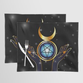 Triple Goddess symbol and hands holding an inverted pentacle Placemat