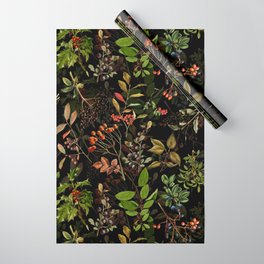 Vintage & Shabby Chic - vintage botanical wildflowers and berries on black Wrapping Paper